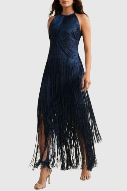 Carina Halter Fringe Maxi Bandage Dress - Blue