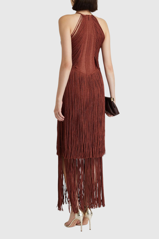 Carina Halter Fringe Maxi Bandage Dress - Brown