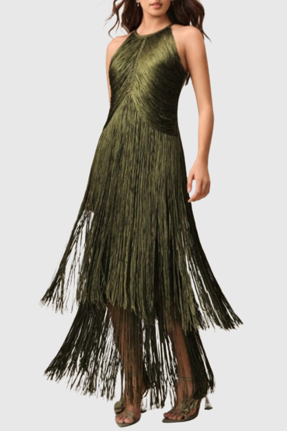 Carina Halter Fringe Maxi Bandage Dress - Green