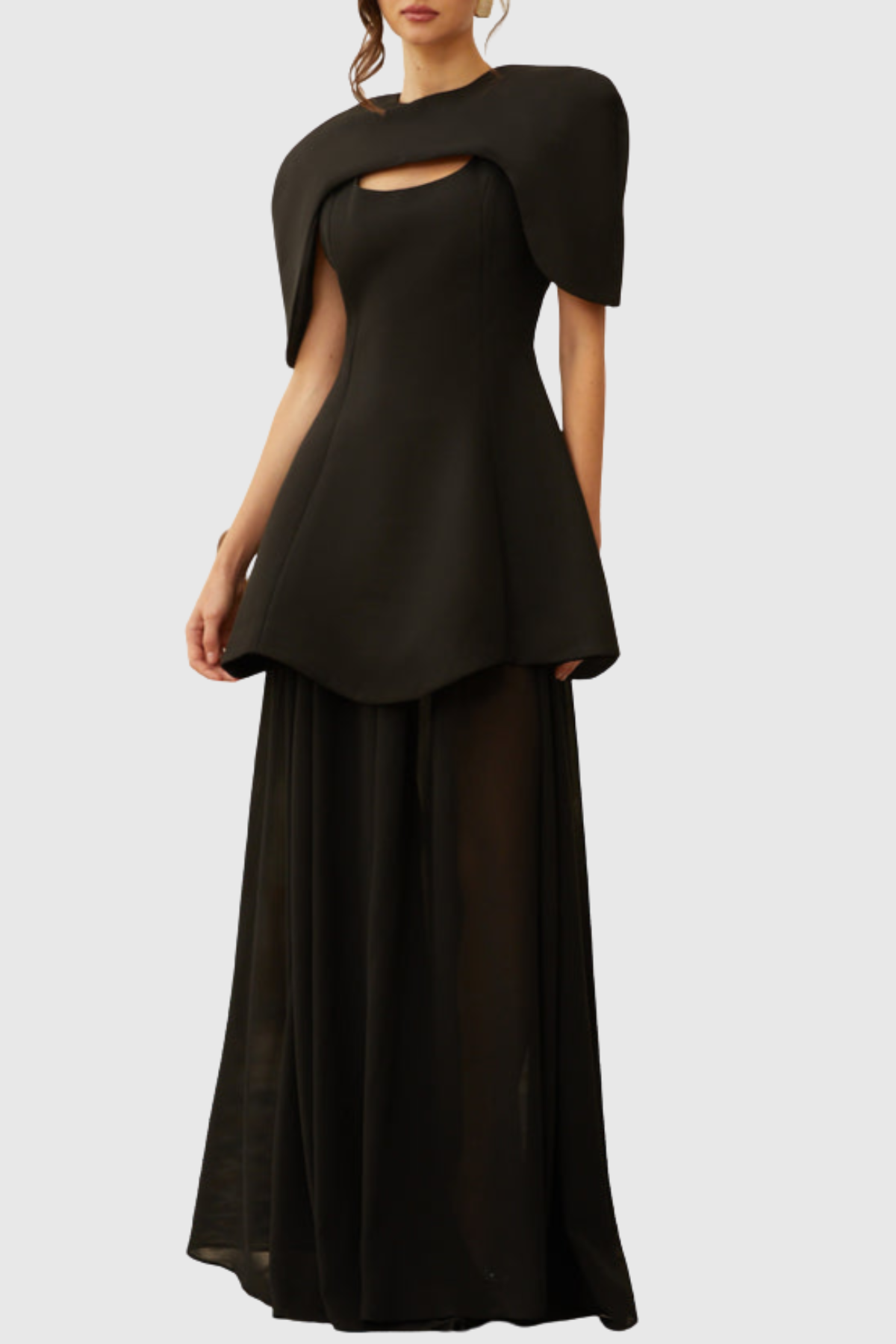 Carlotta Cape Sculptural Top & Maxi Dress Set - Black