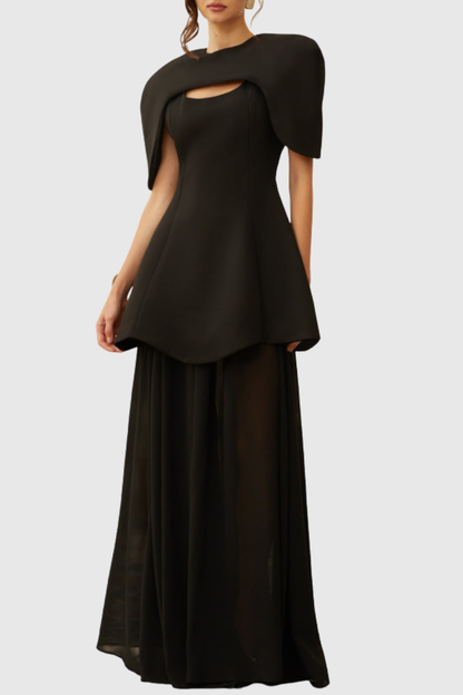Carlotta Cape Sculptural Top & Maxi Dress Set - Black