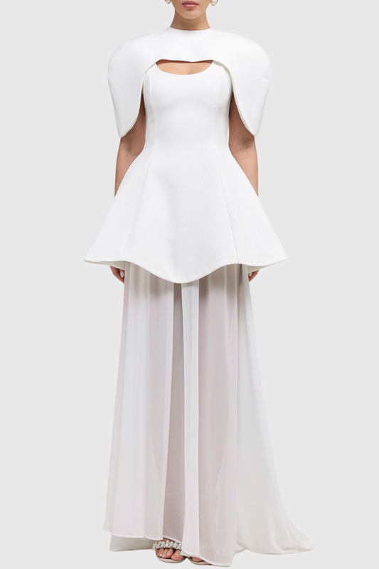 Carlotta Cape Sculptural Top & Maxi Dress Set - White