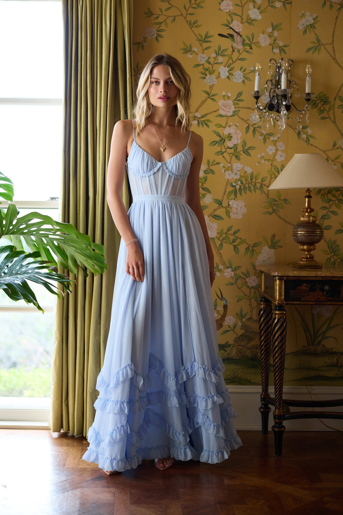 ruffle hem layered high slit lace tulle maxi Dress in blue