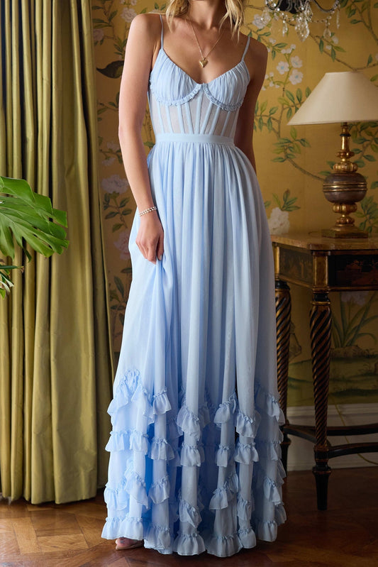 ruffle hem layered high slit lace tulle maxi Dress in blue