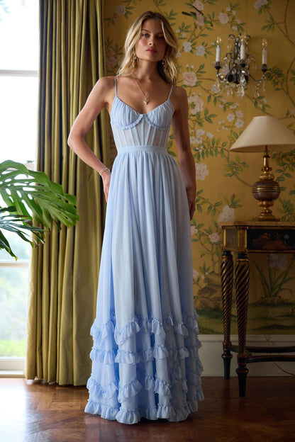 ruffle hem layered high slit lace tulle maxi Dress in blue