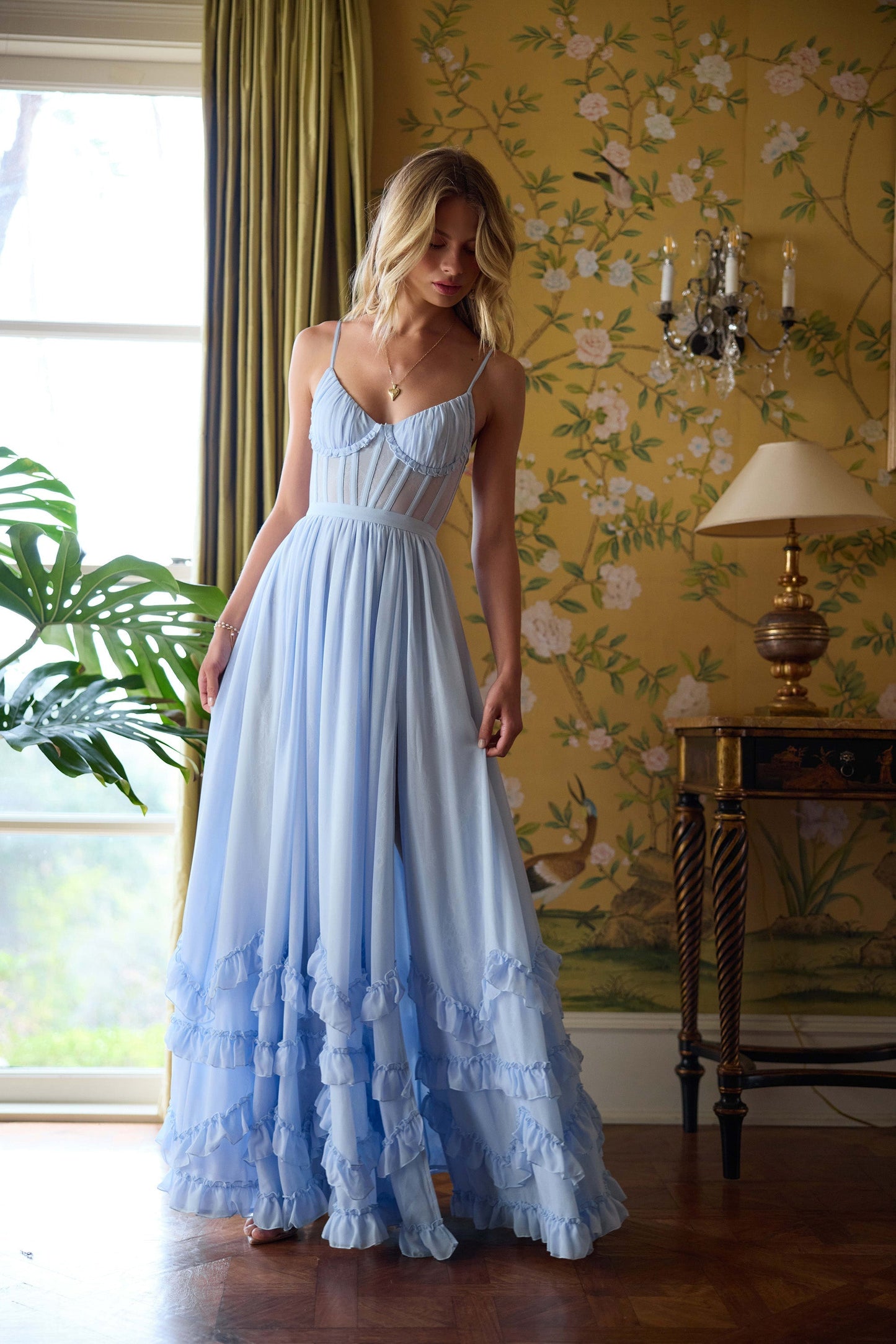 ruffle hem layered high slit lace tulle maxi Dress in blue