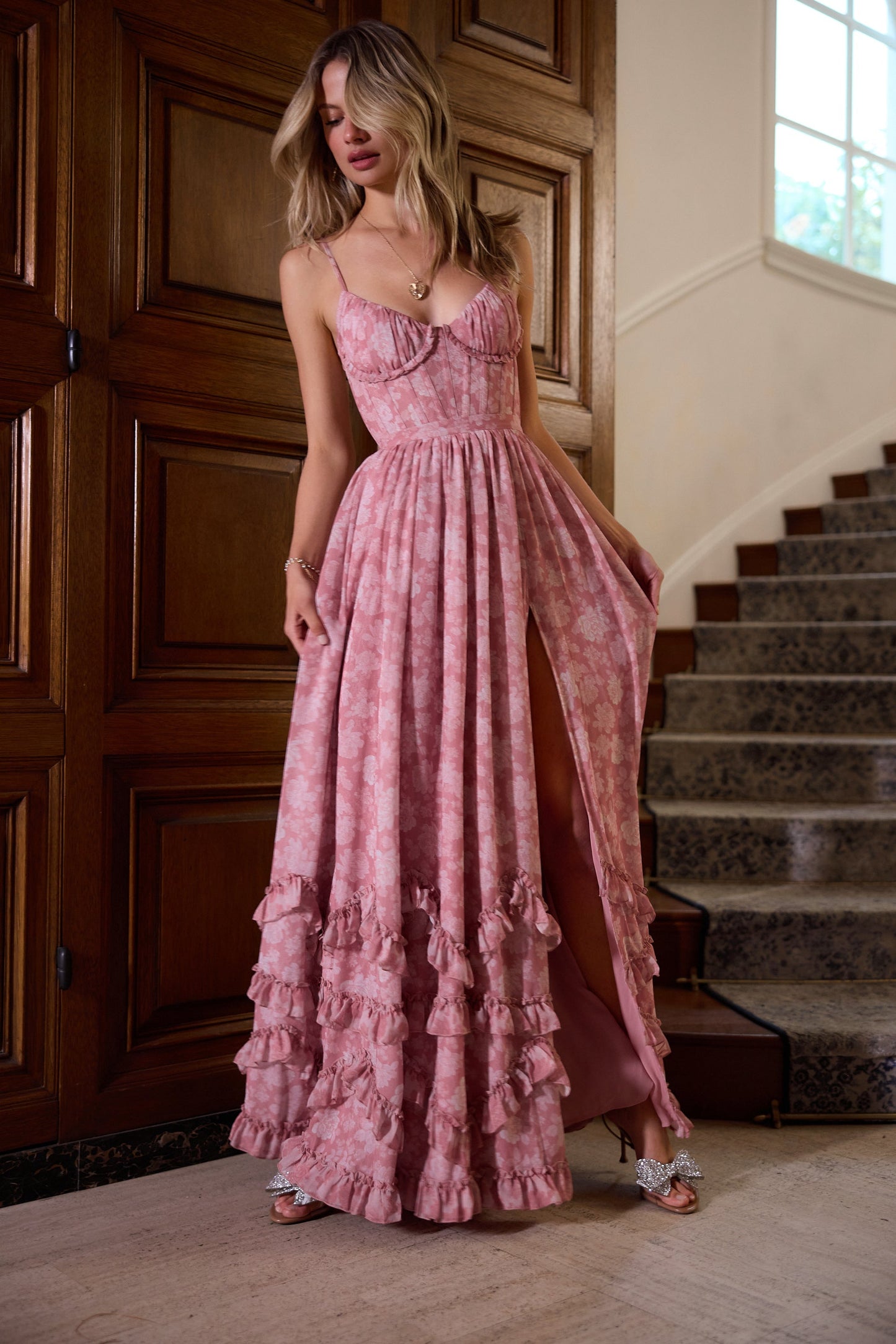 ruffle hem layered Peony print maxi Dress in Pink