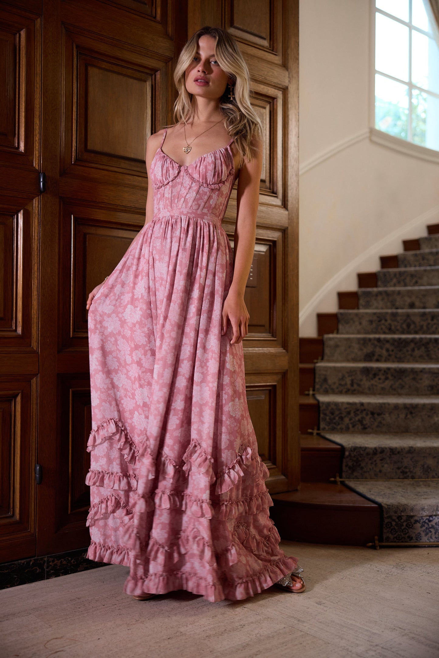 ruffle hem layered Peony print maxi Dress in Pink