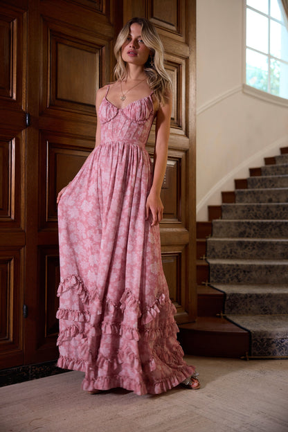 ruffle hem layered Peony print maxi Dress in Pink