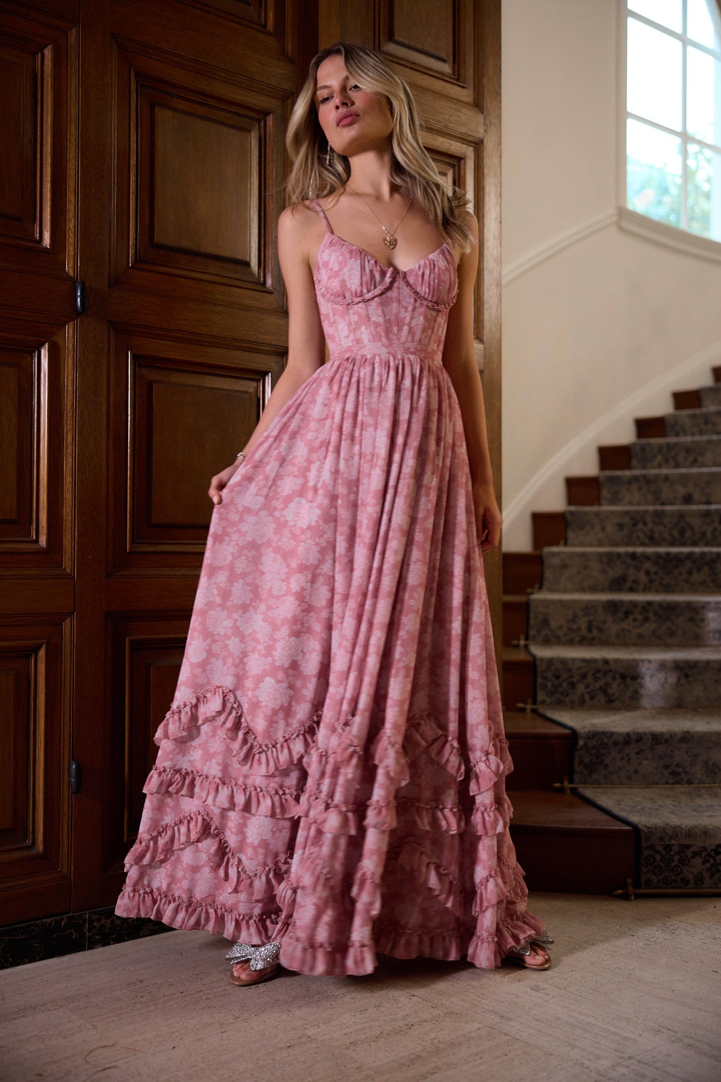 ruffle hem layered Peony print maxi Dress in Pink