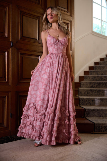 ruffle hem layered Peony print maxi Dress in Pink