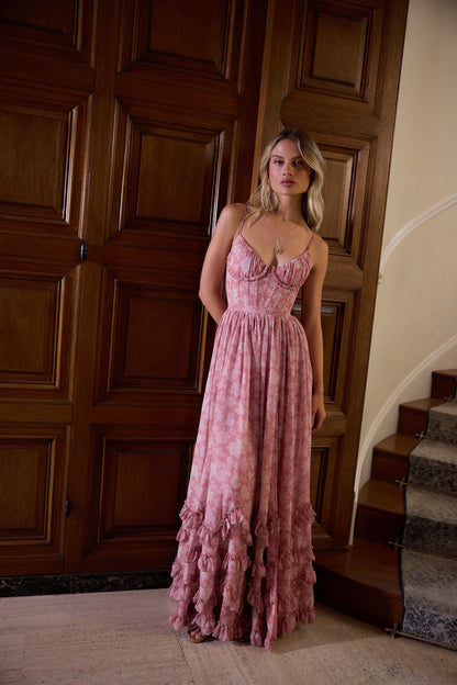 ruffle hem layered Peony print maxi Dress in Pink