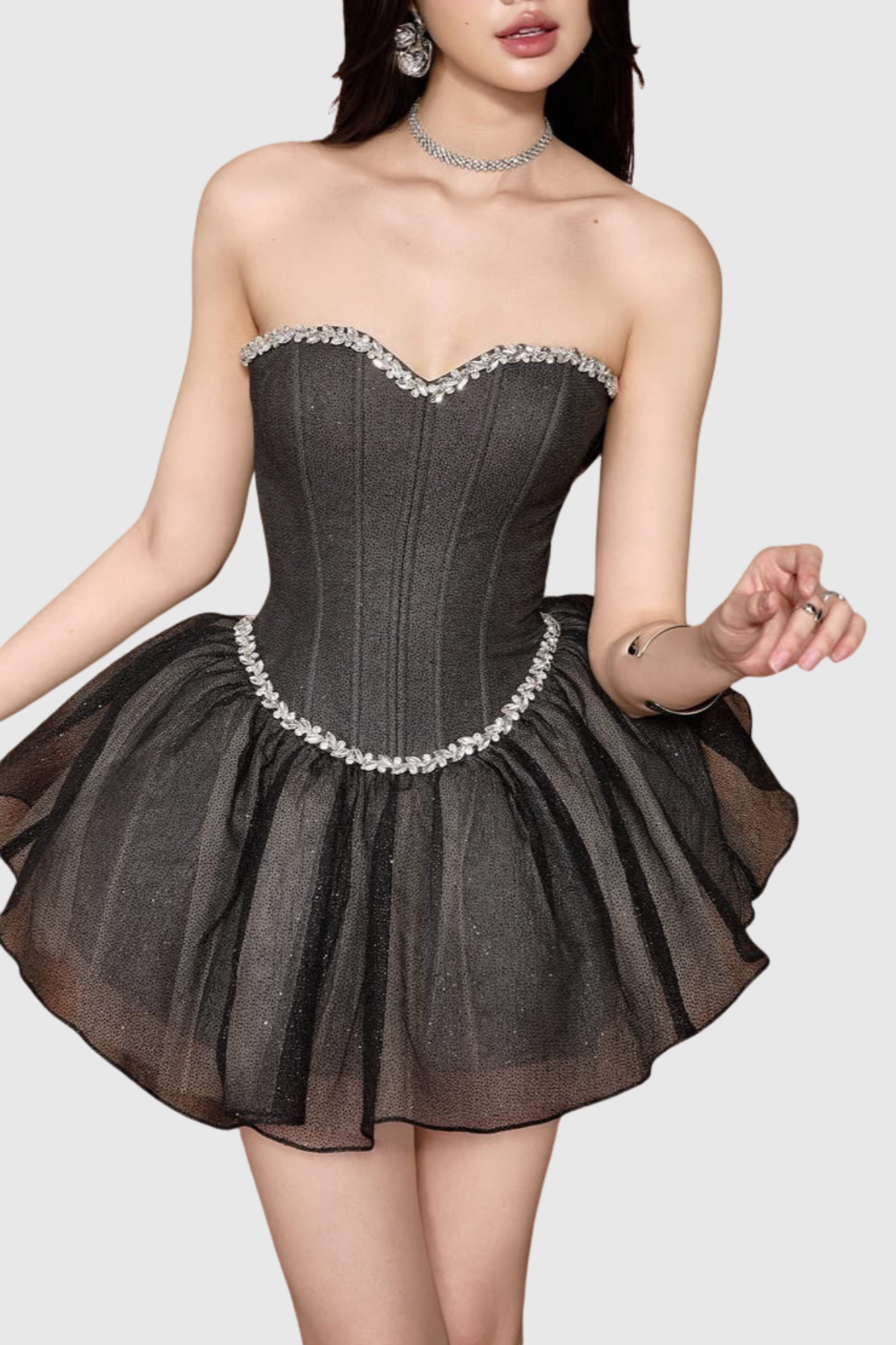 Carmo Crystal Embellished Strapless Corset Mini Dress - Black