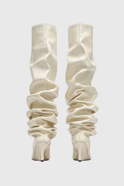 Carysa Ruched Wedge Knee Hight Boots - Beige