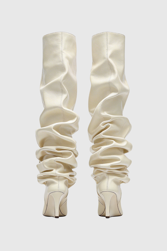 Carysa Ruched Wedge Knee Hight Boots - Beige