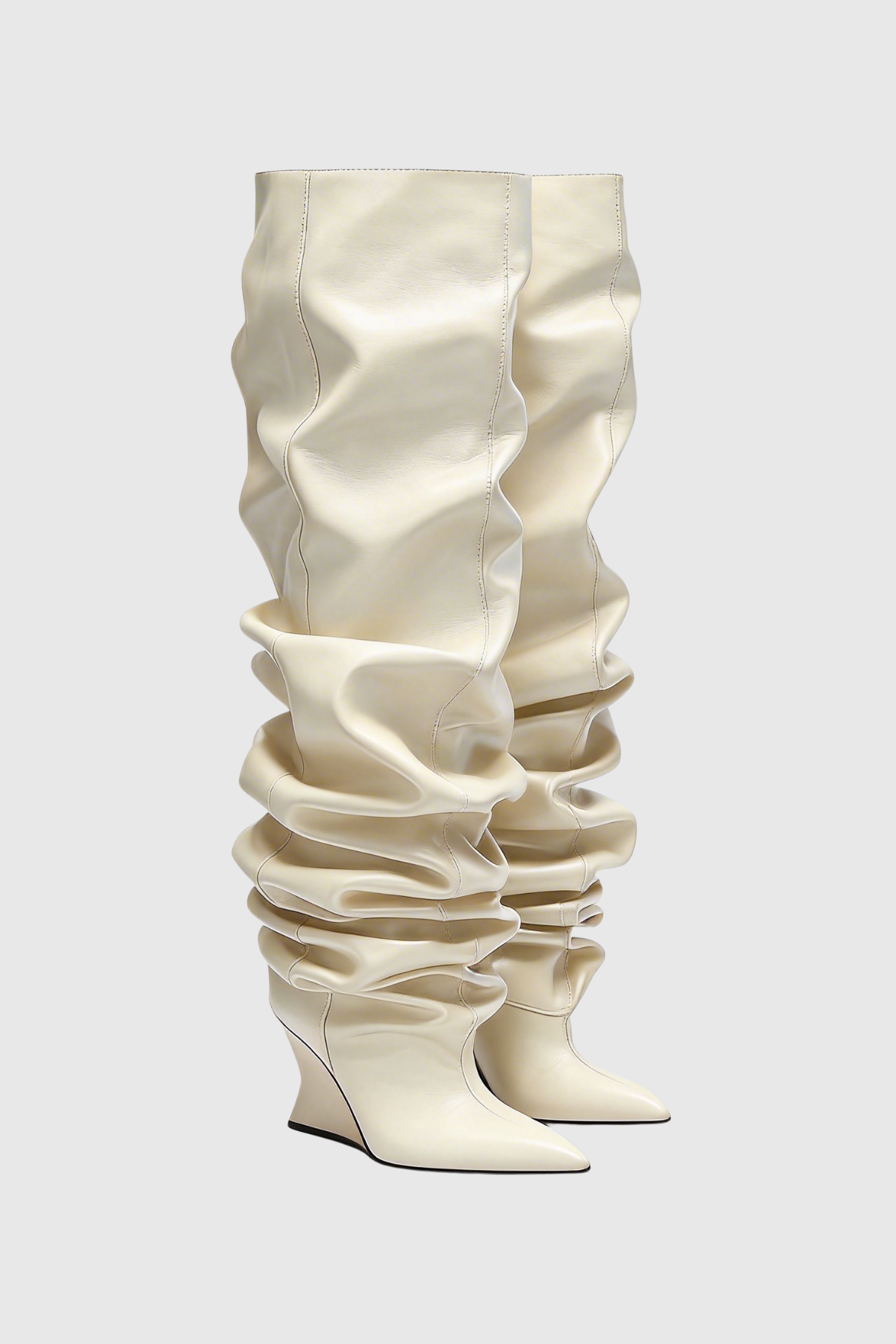 Carysa Ruched Wedge Knee Hight Boots - Beige