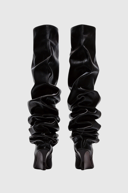 Carysa Ruched Wedge Knee Hight Boots - Black