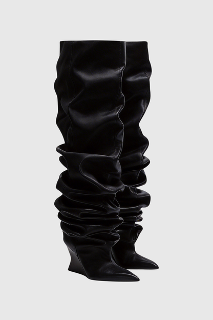 Carysa Ruched Wedge Knee Hight Boots - Black