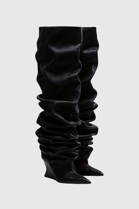 Carysa Ruched Wedge Knee Hight Boots - Black