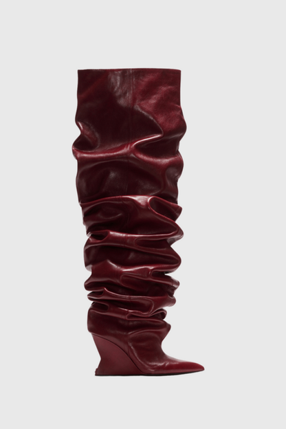Carysa Ruched Wedge Knee Hight Boots - Wine