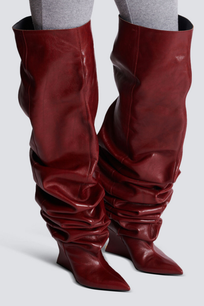 Carysa Ruched Wedge Knee Hight Boots - Wine