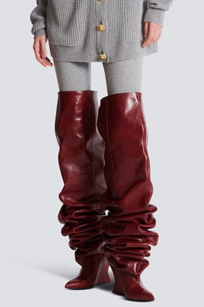 Carysa Ruched Wedge Knee Hight Boots - Wine