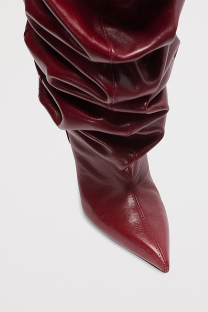 Carysa Ruched Wedge Knee Hight Boots - Wine