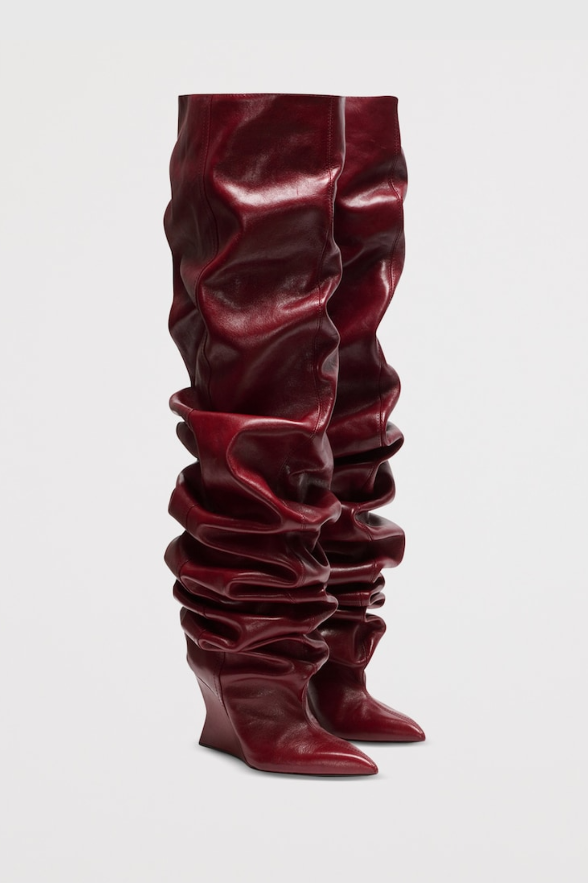 Carysa Ruched Wedge Knee Hight Boots - Wine