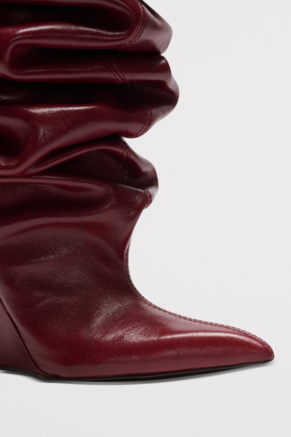 Carysa Ruched Wedge Knee Hight Boots - Wine