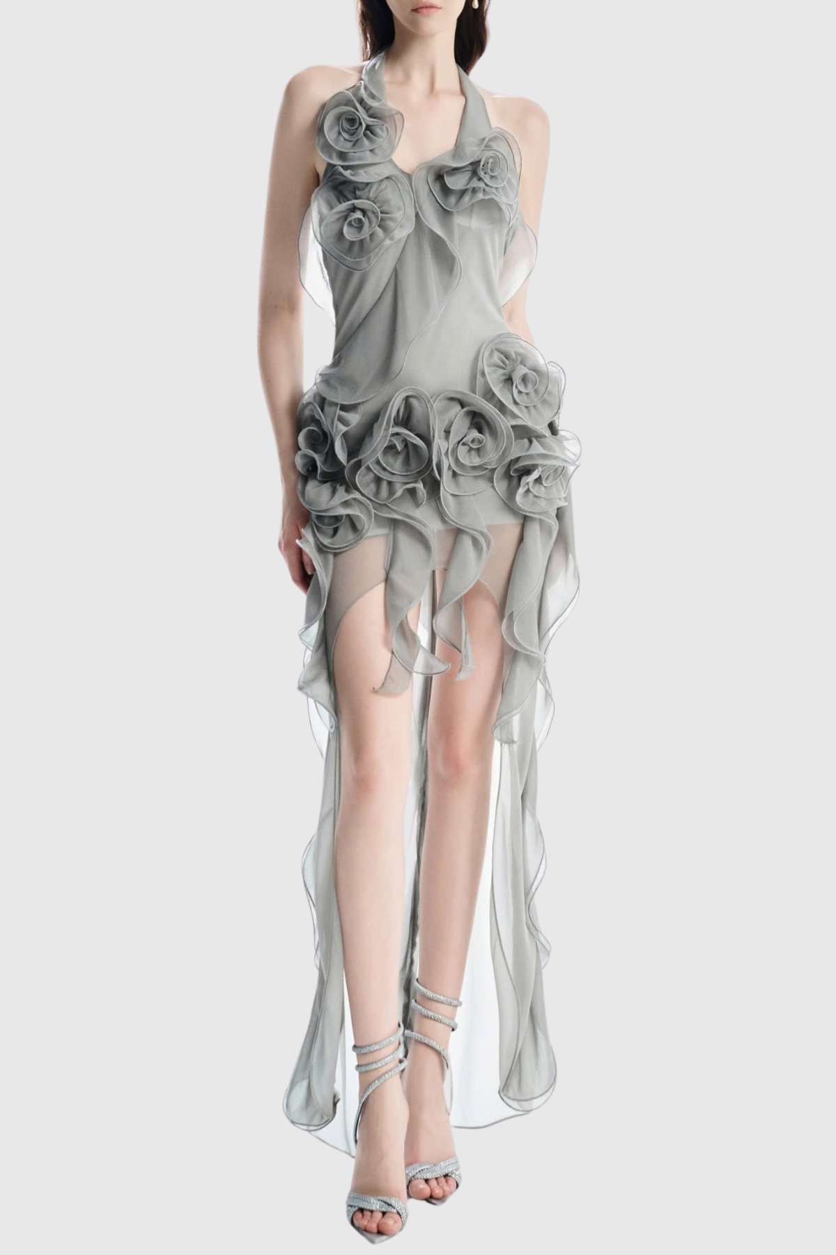 Casey Floral Halter Ruffle Mini Dress - Grey