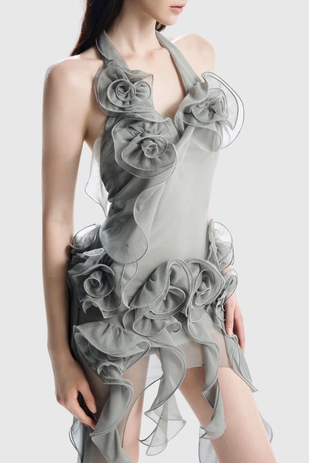 Casey Floral Halter Ruffle Mini Dress - Grey