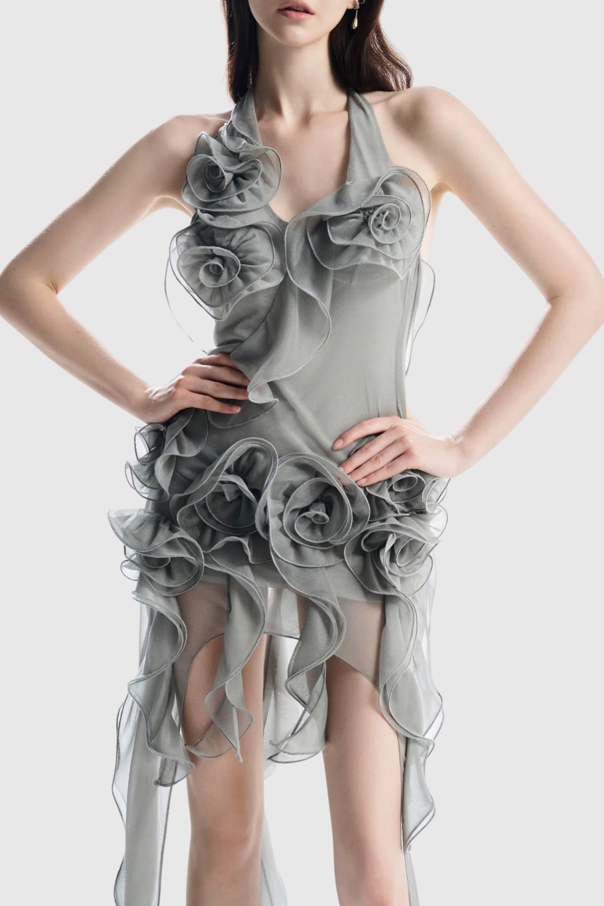 Casey Floral Halter Ruffle Mini Dress - Grey