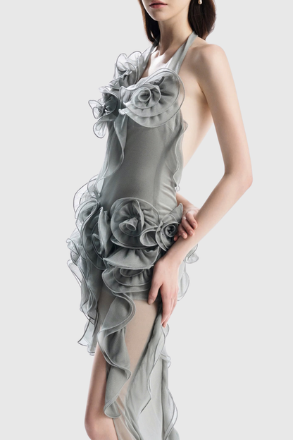 Casey Floral Halter Ruffle Mini Dress - Grey