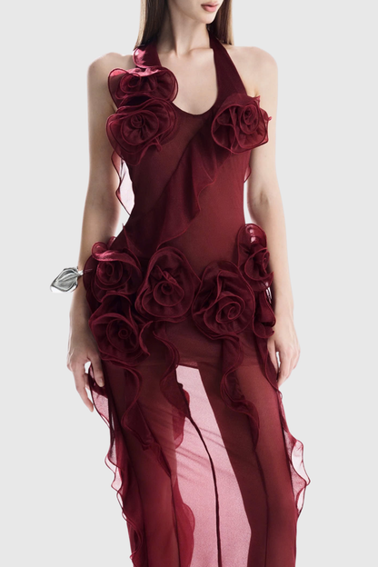 Casey Floral Halter Ruffle Mini Dress - Red