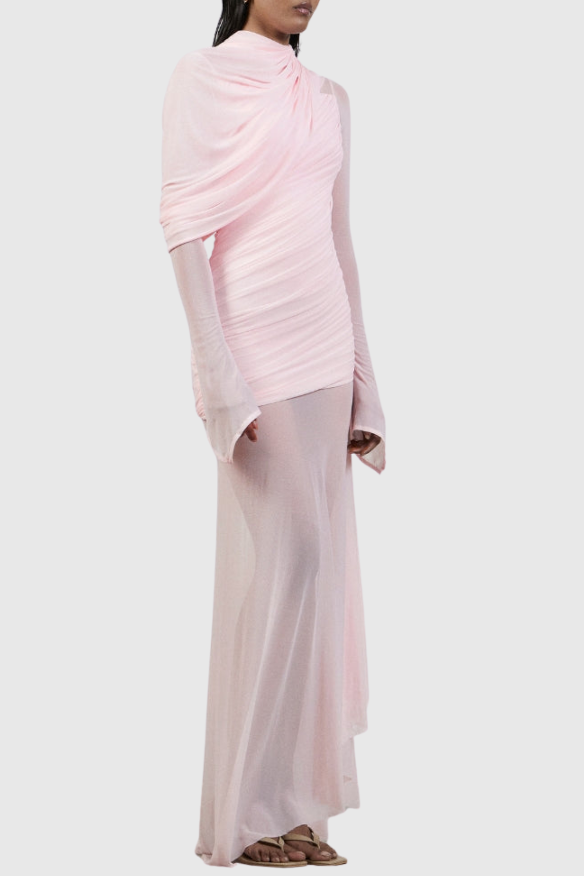 Caspia Asymmetric Ruched Mesh Maxi Dress