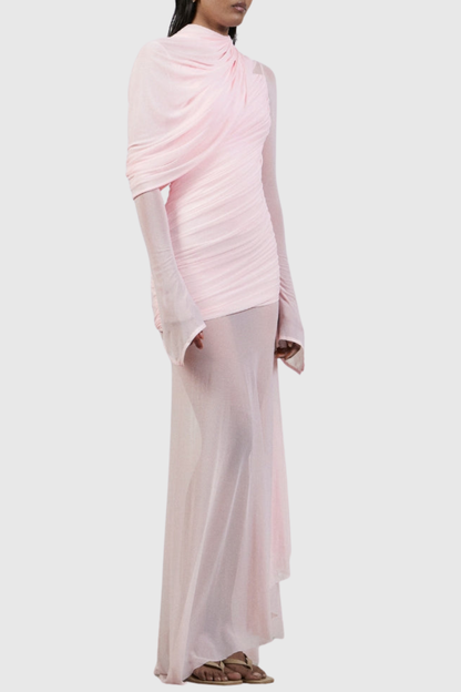 Caspia Asymmetric Ruched Mesh Maxi Dress