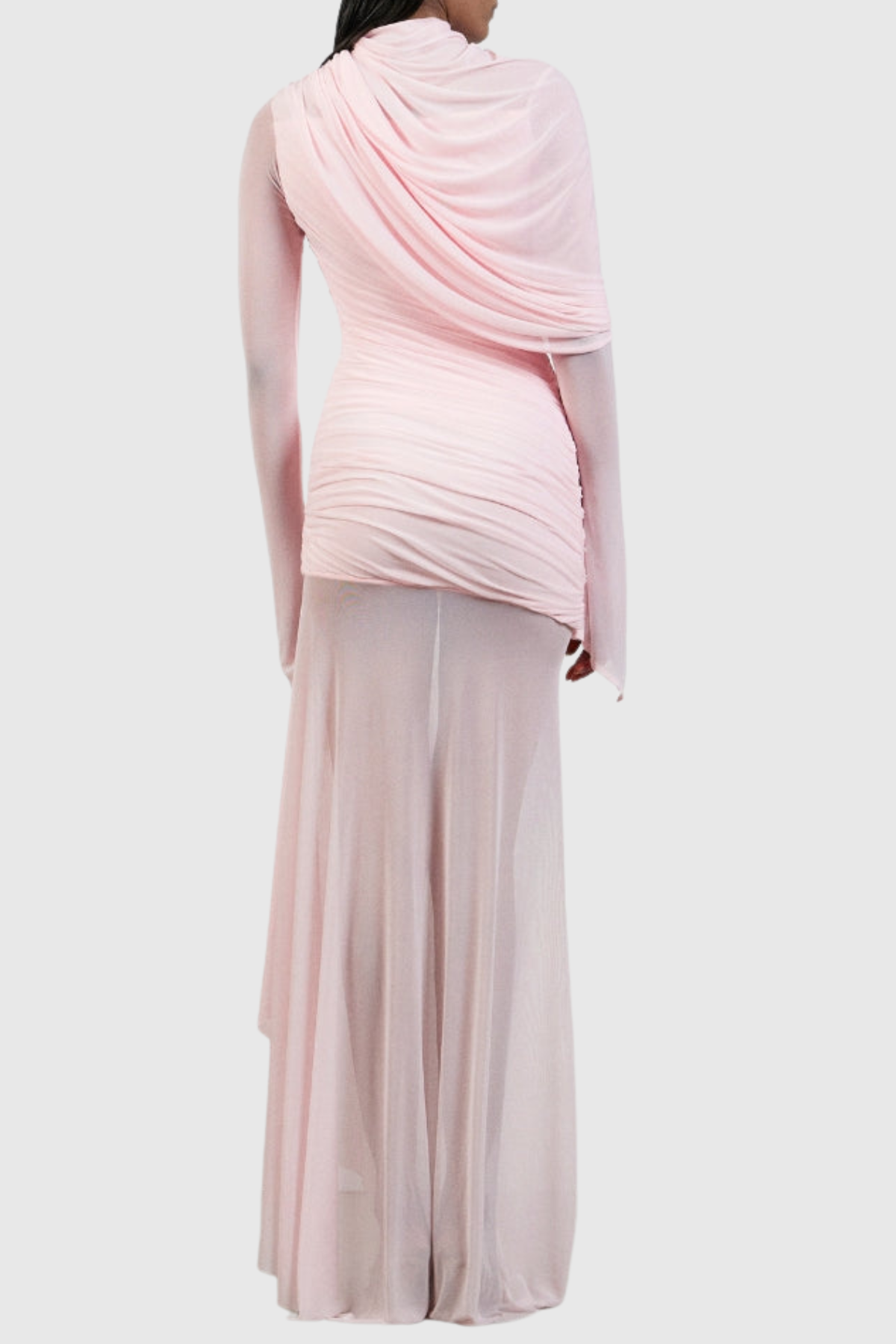 Caspia Asymmetric Ruched Mesh Maxi Dress