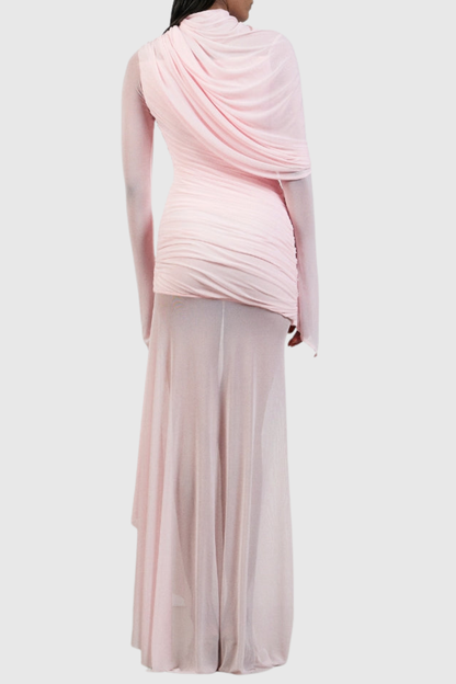 Caspia Asymmetric Ruched Mesh Maxi Dress