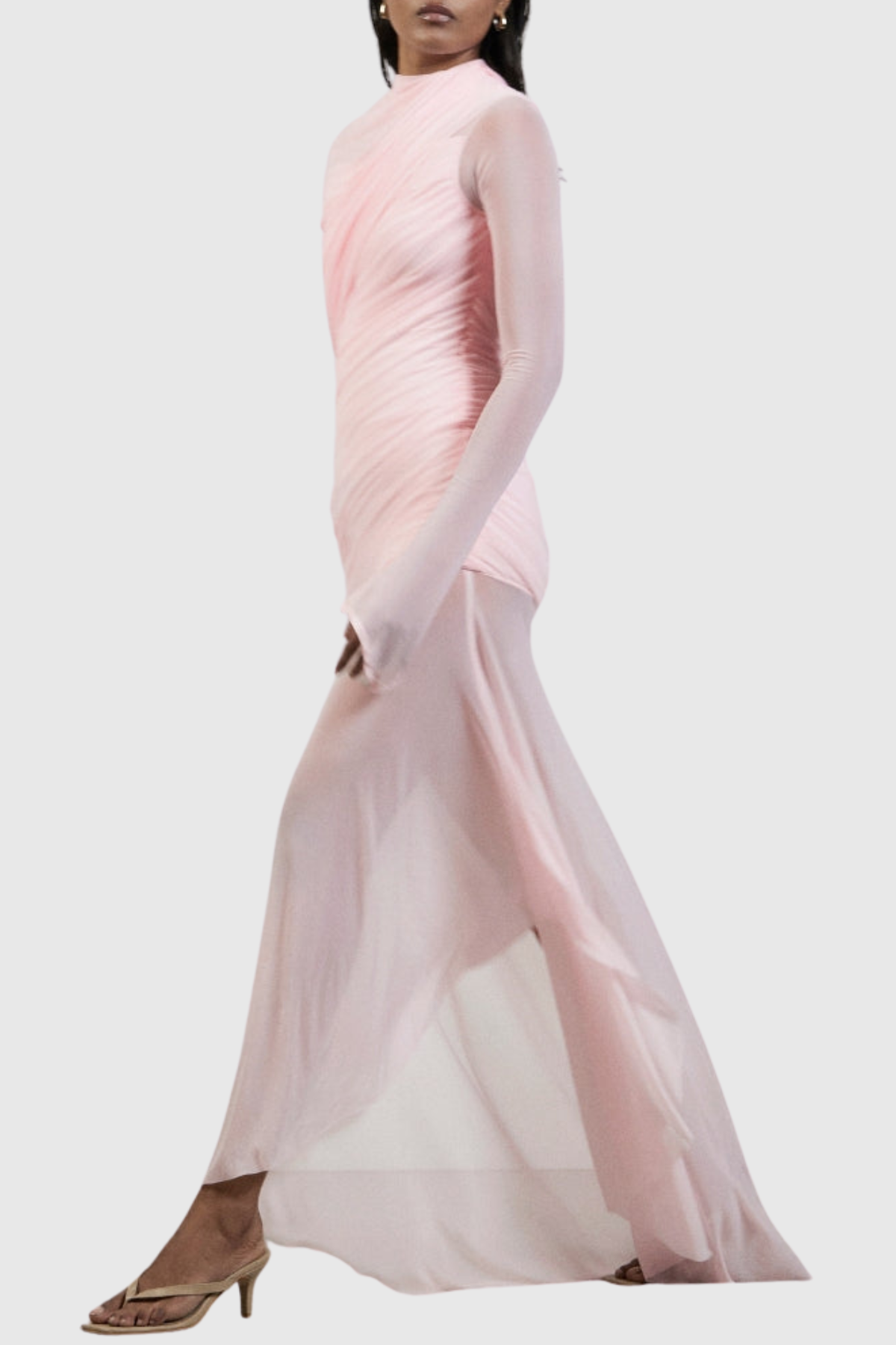 Caspia Asymmetric Ruched Mesh Maxi Dress