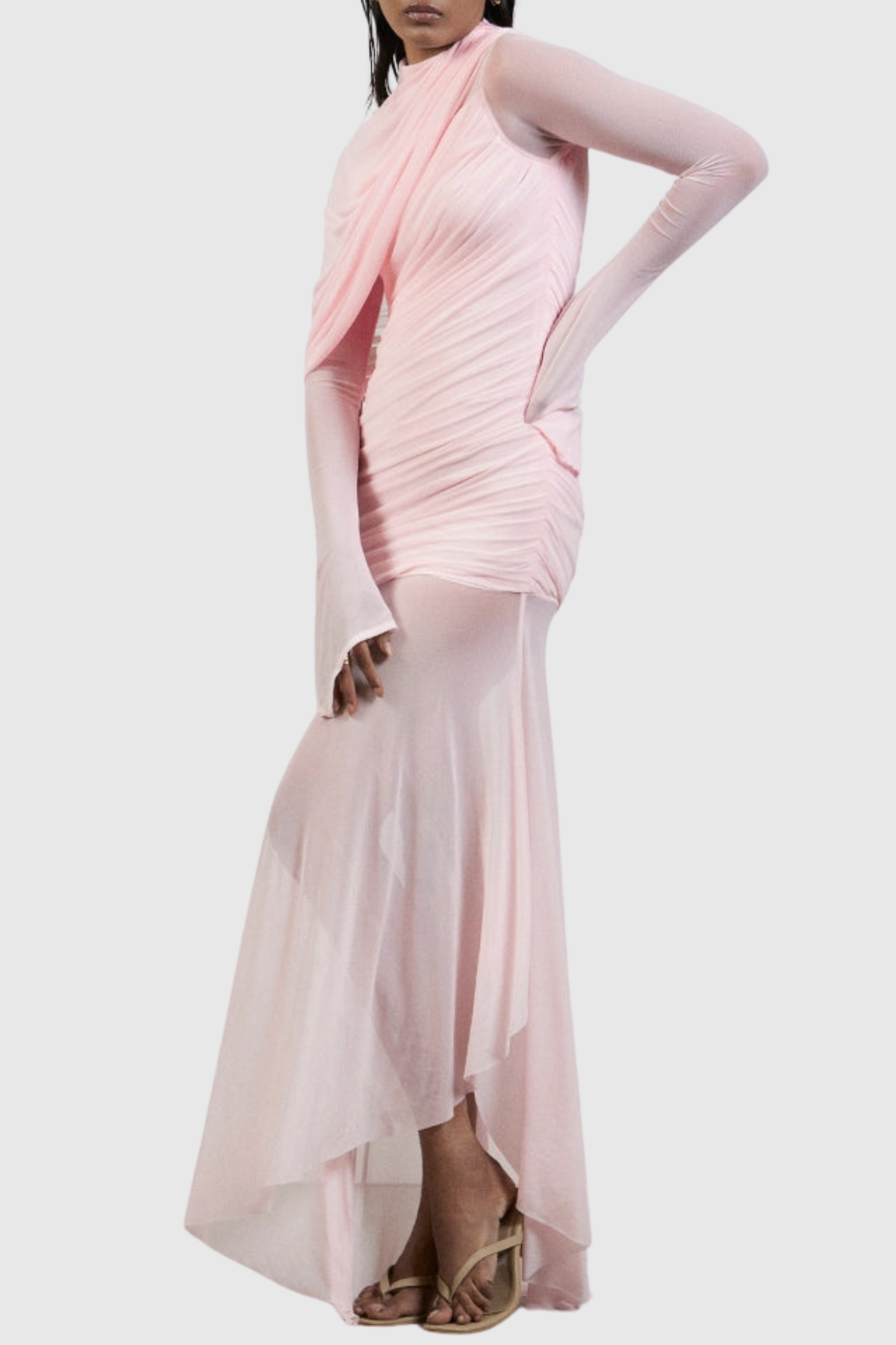 Caspia Asymmetric Ruched Mesh Maxi Dress