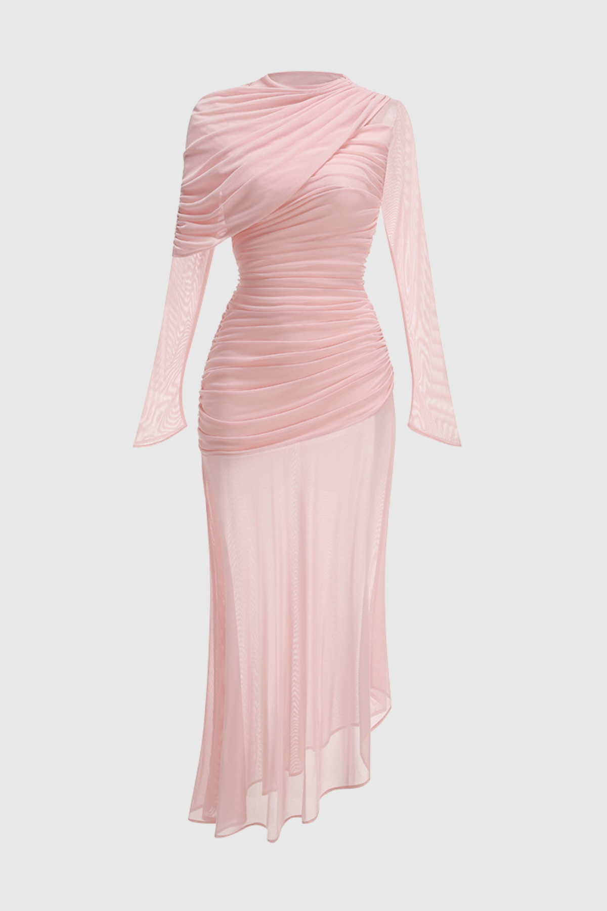 Caspia Asymmetric Ruched Mesh Maxi Dress