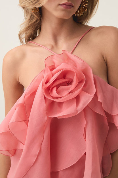 Caysie Halter Floral Ruffle Layered Mini Dress - Orange