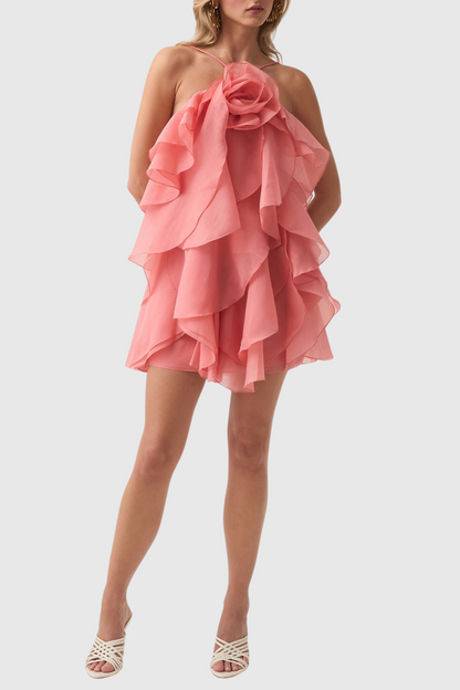 Caysie Halter Floral Ruffle Layered Mini Dress - Orange