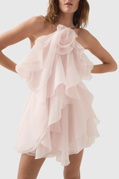 Caysie Halter Floral Ruffle Layered Mini Dress - Pink