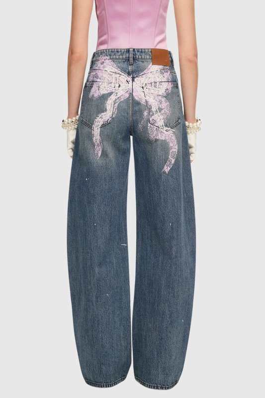 Cecile Bow Print Barrel Jeans