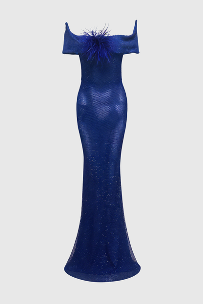 Cedara Off Shoulder Crystal Mesh Maxi Dress