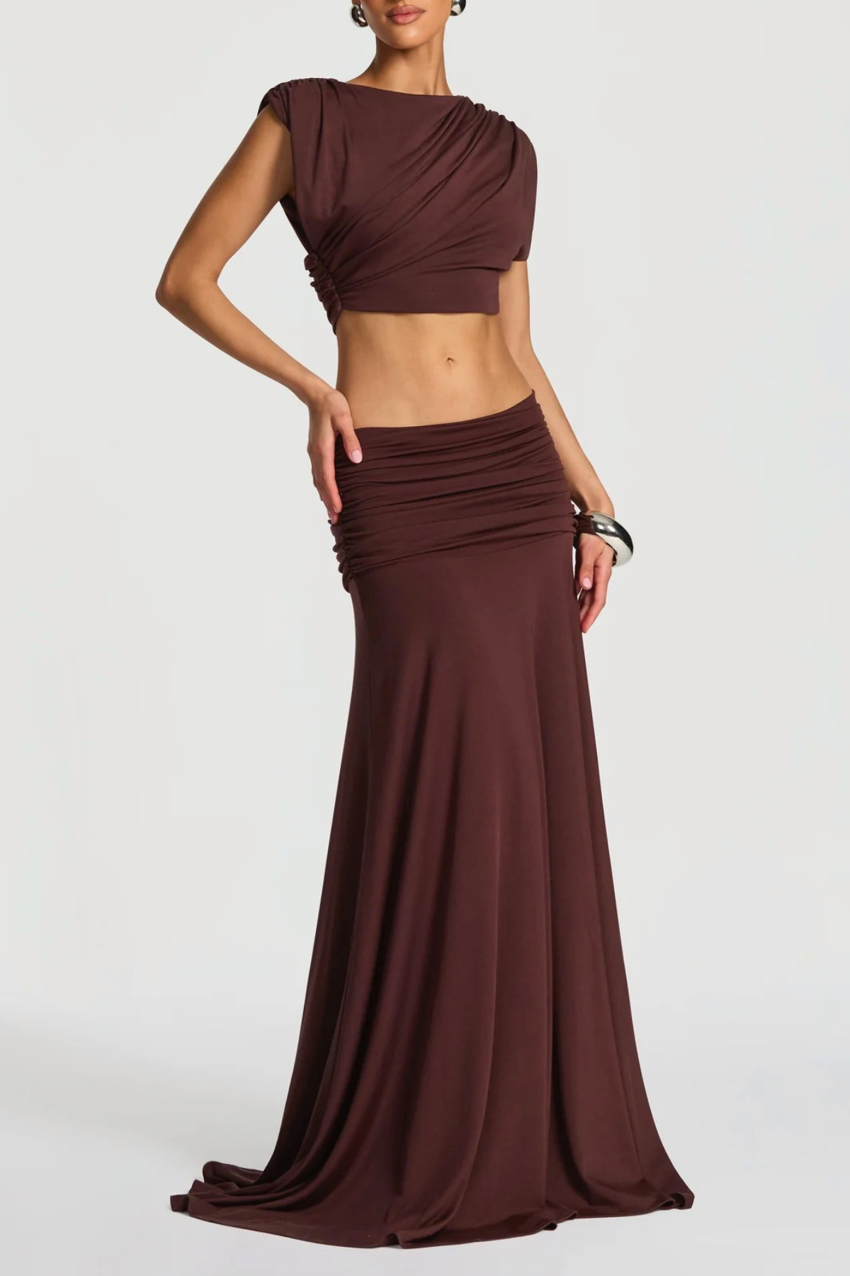 Celestina Crop Top & Ruched Maxi Skirt Set - Brown