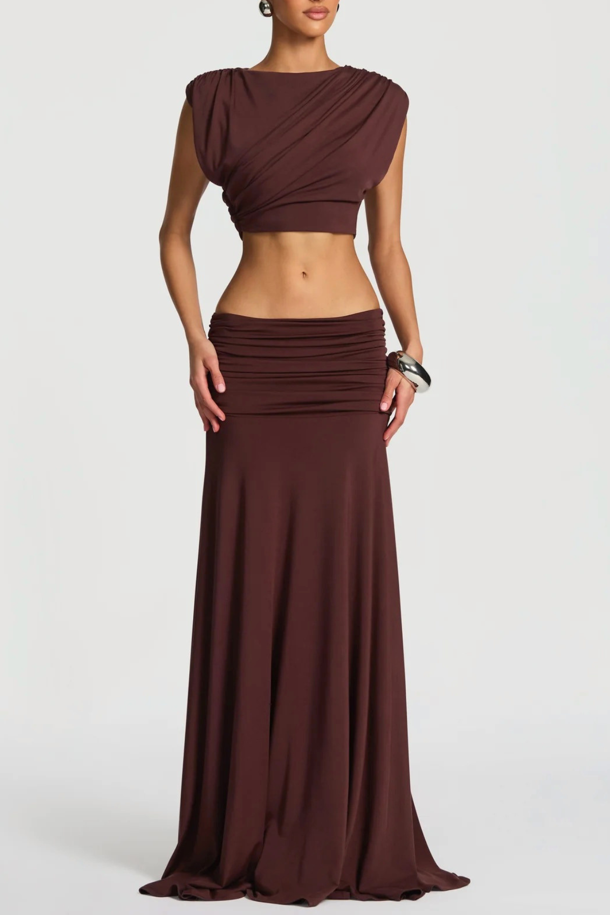 Celestina Crop Top & Ruched Maxi Skirt Set - Brown