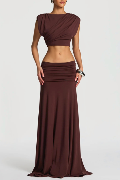 Celestina Crop Top & Ruched Maxi Skirt Set - Brown