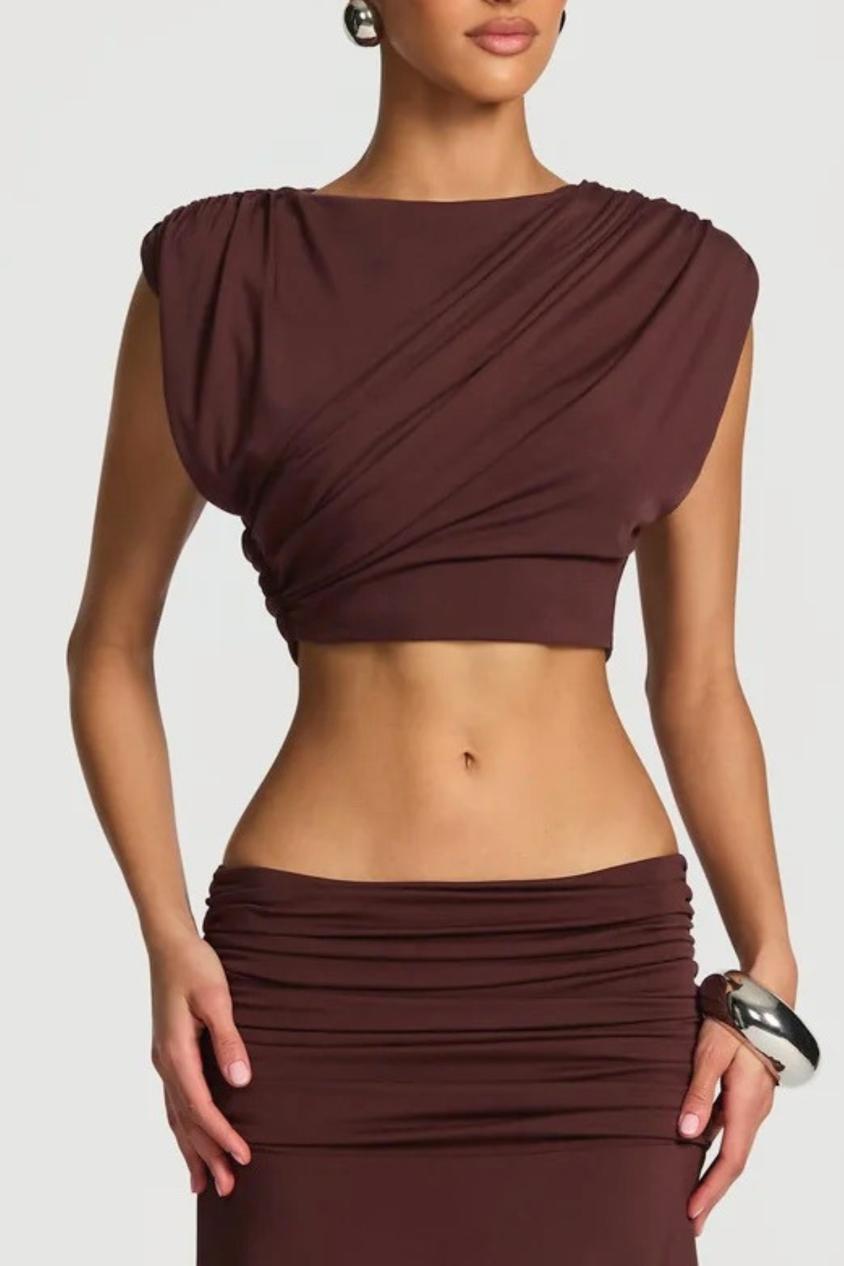 Celestina Crop Top & Ruched Maxi Skirt Set - Brown